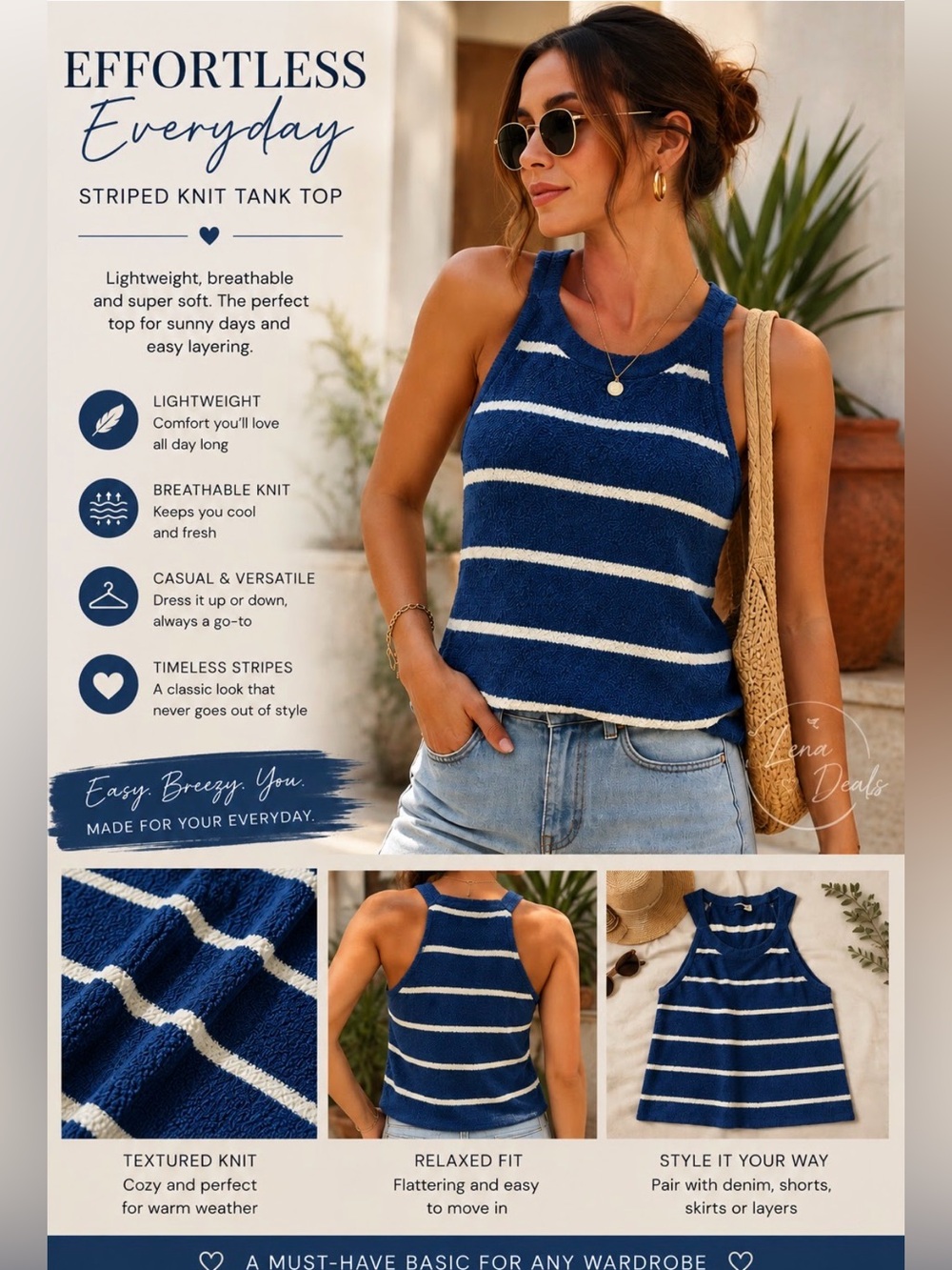 Zenana Knit Striped Round Neck Tank Top Women’s Navy Different Sizes
